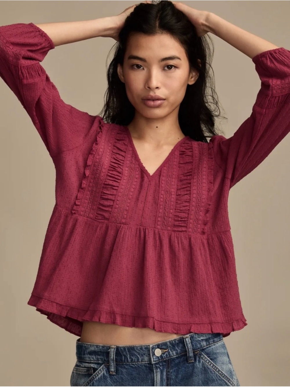 Lucky Brand Long Sleeve Peplum Top Beet Red XXL